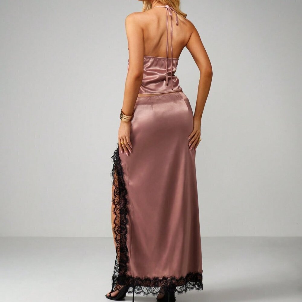 Dusty Pink Sexy Women's Lace Trim Halter Neck Cami Top & Maxi Skirt Set - Picture 2 of 6